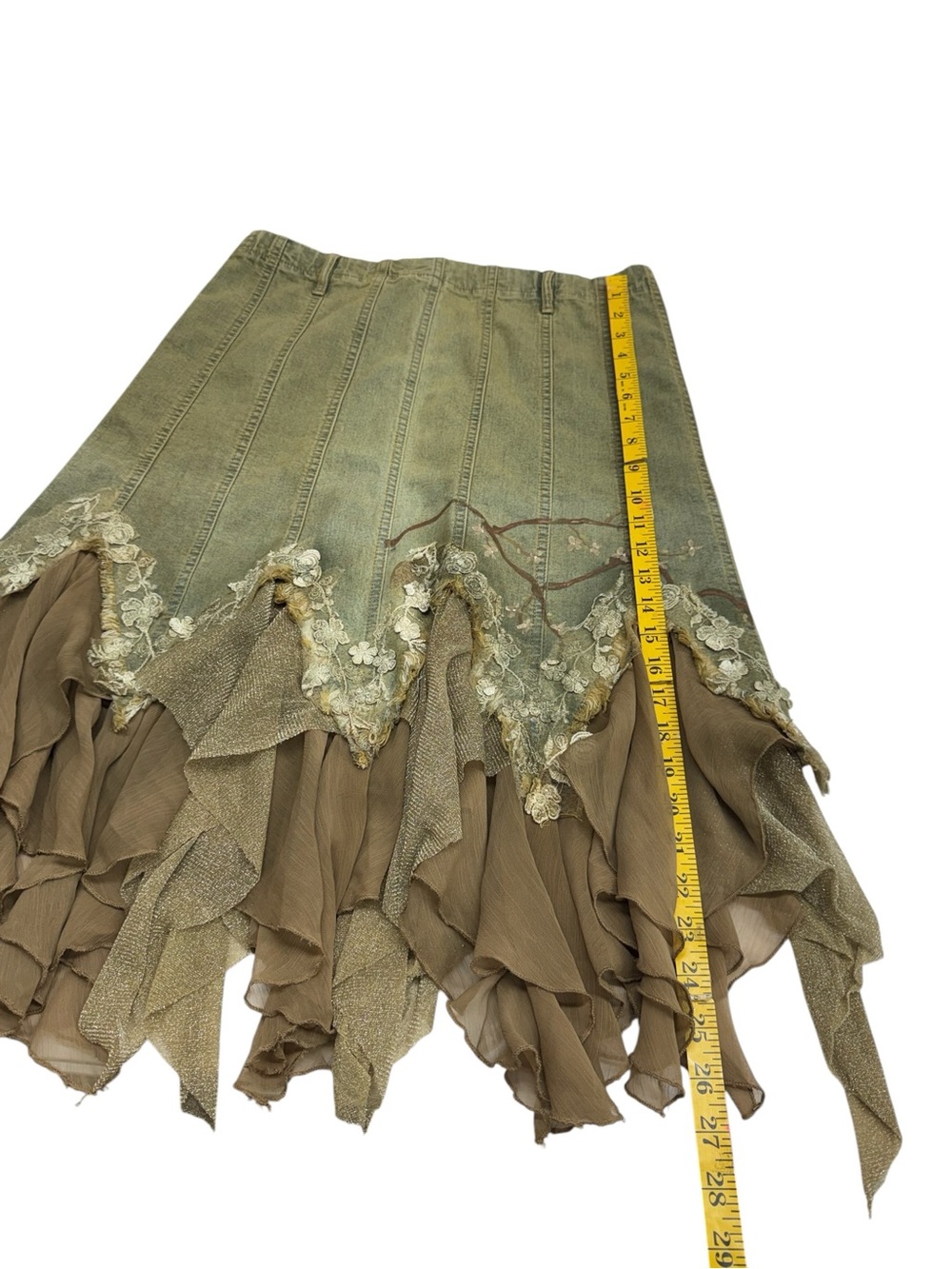 Layered Olive Green Asymmetrical Boho Midi Skirt - Picture 5 of 12